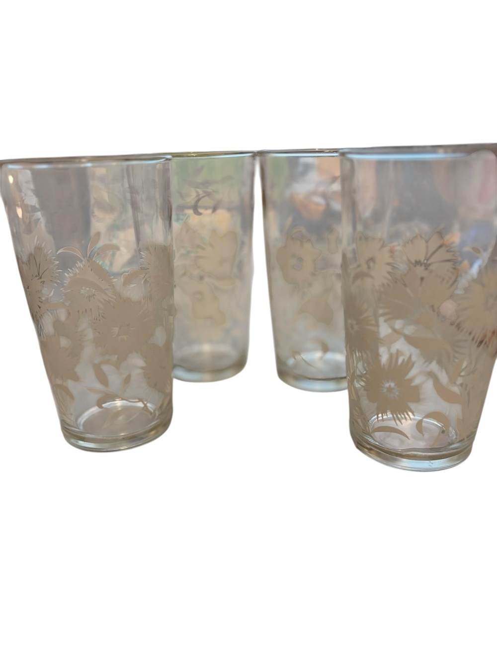 Hazel Atlas vintage Etched white aster Floral Clear Glass Tumbler - Set of 4